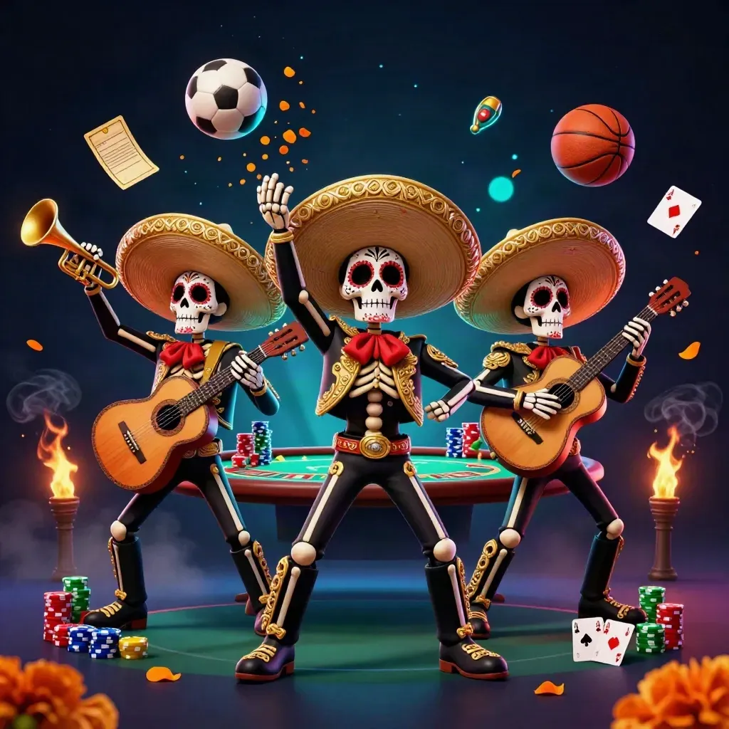 Skeleton mariachi trio amid poker chips, cards, and sports balls in neon casino lighting
