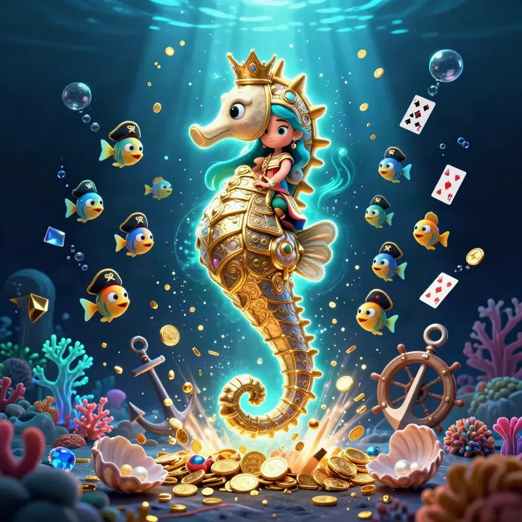 Turquoise-haired mermaid princess rides a golden-armored seahorse through a glowing treasure cove.