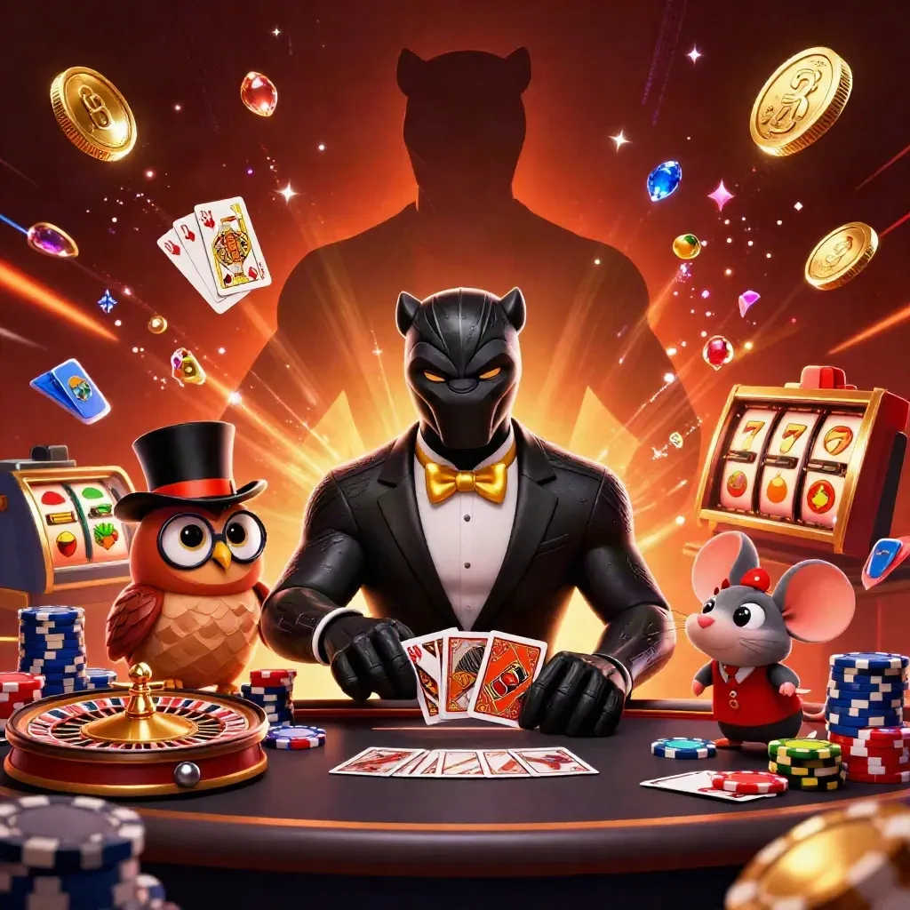 Panther, owl, and mouse deal cards amid coins, gems, reels, and neon casino energy.