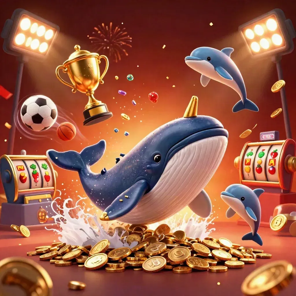 Whale captain, narwhal, and dolphins erupt through coins in a crimson casino splash scene
