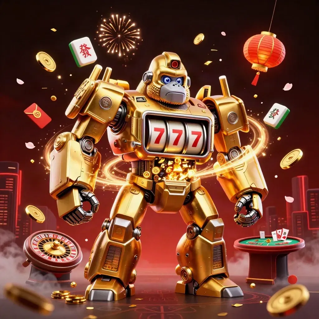 Golden gorilla mech and monkey pilot erupting from a vault amid coins, lanterns, fireworks, and casino table props.