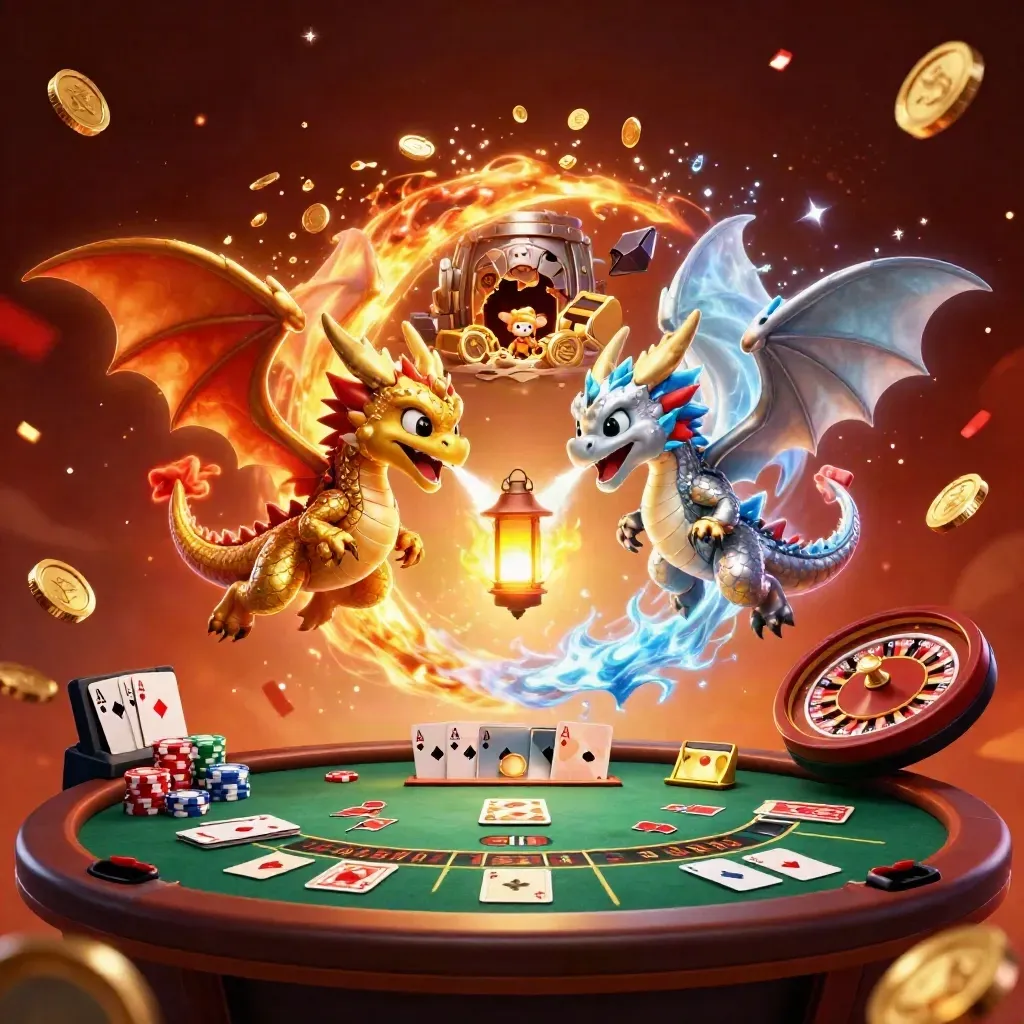 Twin dragons, coins, chips, roulette, cards and fireworks in luxe neon casino art.