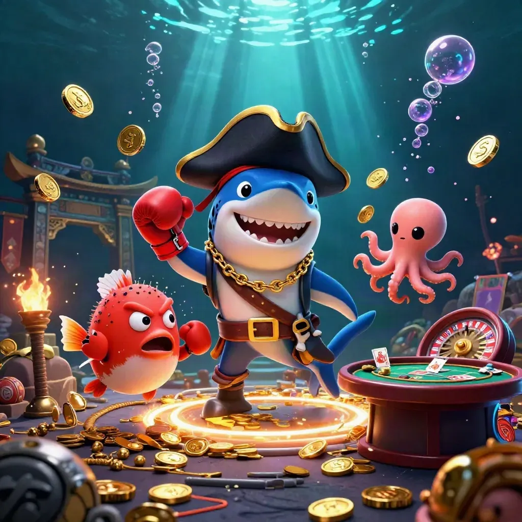Pirate shark, boxing pufferfish and coin-juggling octopus in a bursting underwater casino scene.