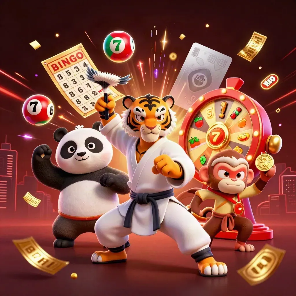 Tiger master, panda disciple, and monkey student amid casino loot, neon energy, and dark city glow.