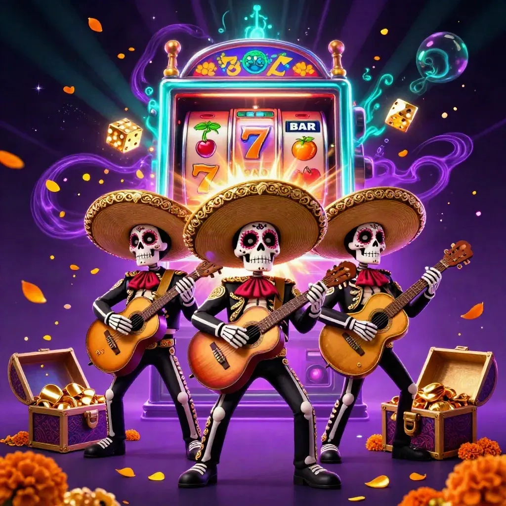 Three skeleton mariachi performers burst from a slot machine amid gold, neon, and jackpot sparks.